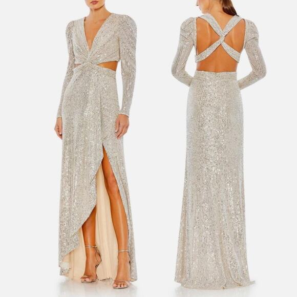 NWT $498 Size 14 IEENA Mac Duggal Sequined Criss Cross Long Sleeve Gown - Picture 1 of 7